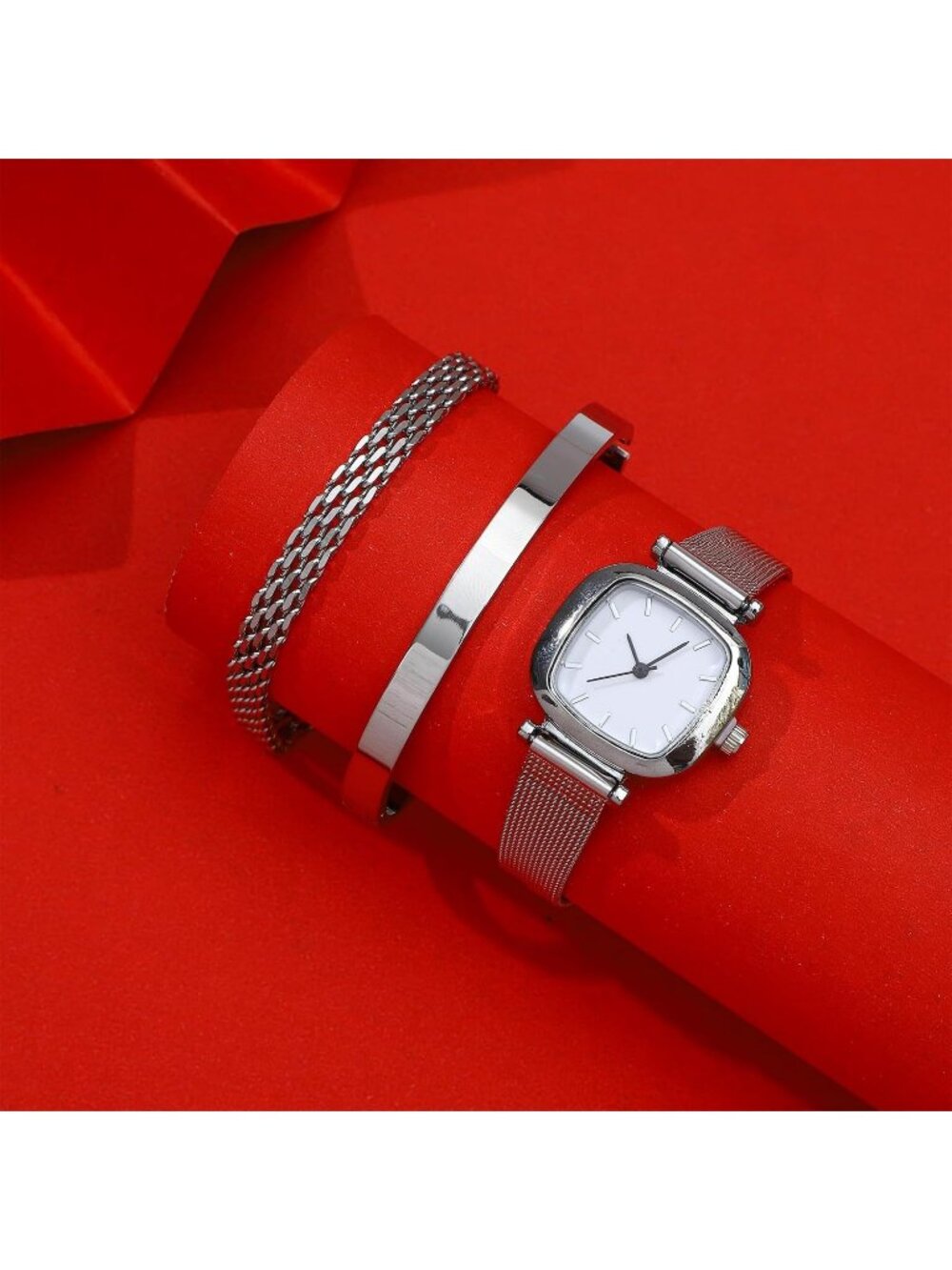 Women's Silver Mesh Band Stainless Steel Plated Square Bangle Bracelet Watch - Picture 5 of 7